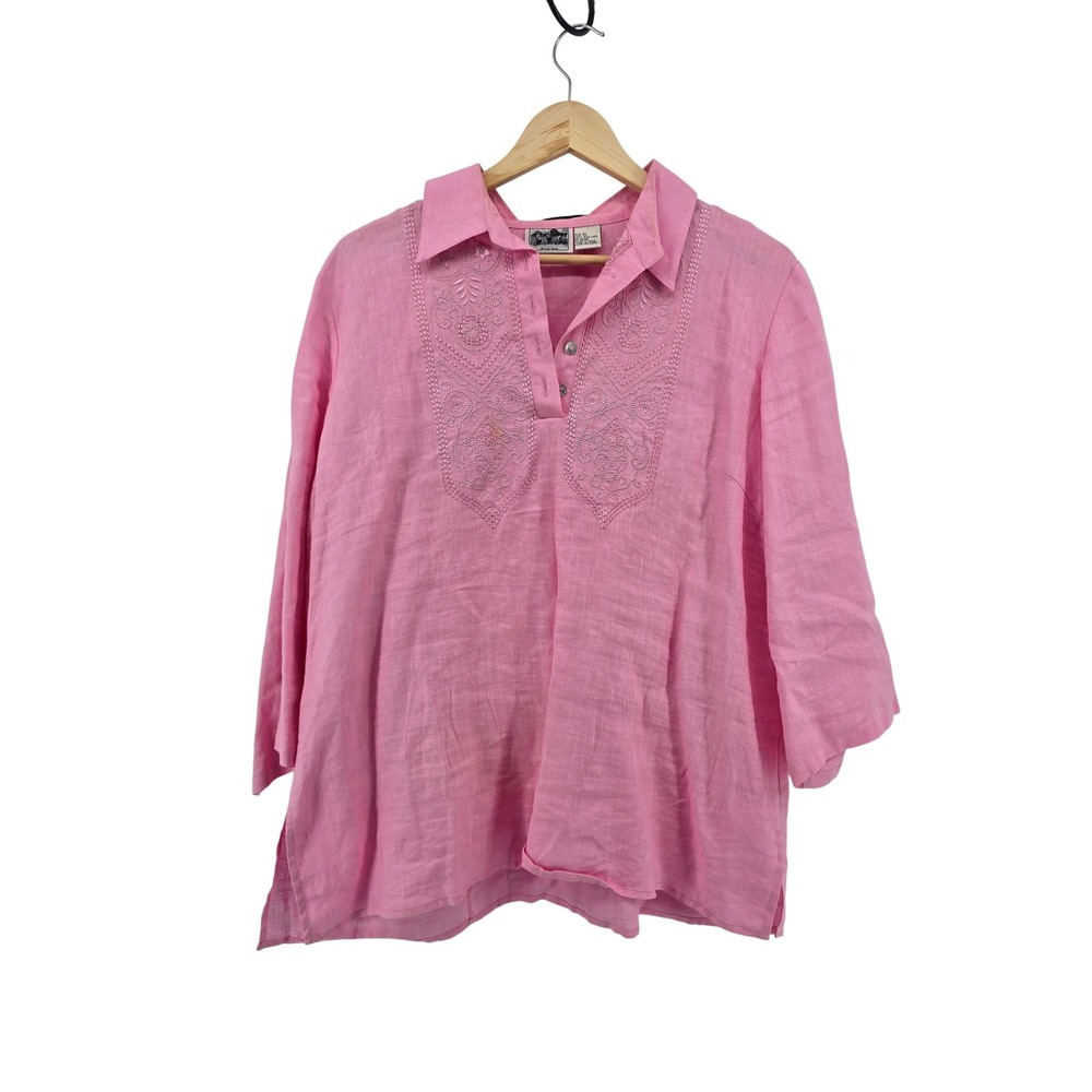 Edward Tunic Women XL Pink Irish Linen Embroidered 3/4 Sleeve V-Neck Top